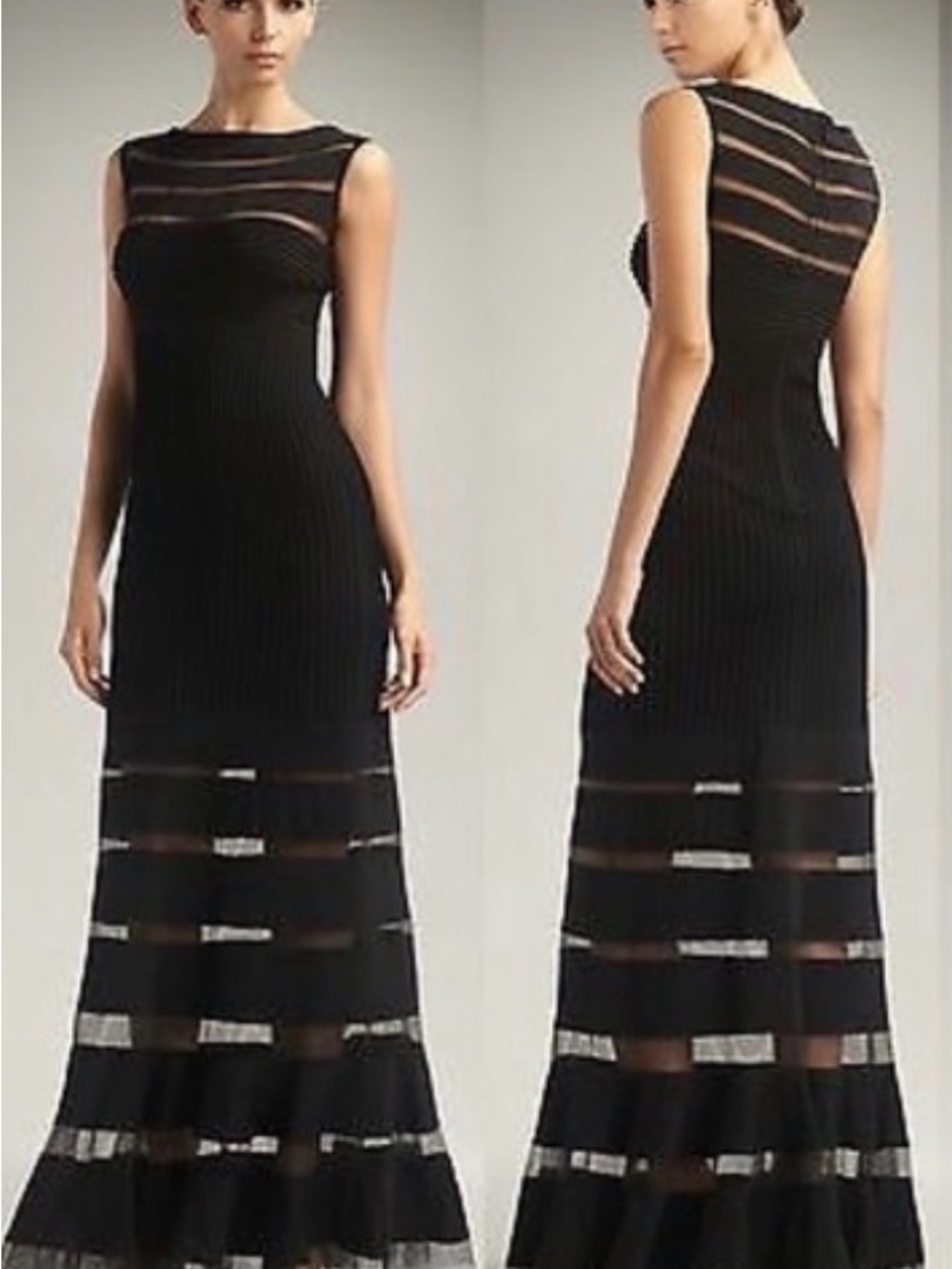 TADASHI SHOJI Dress S Illusion Stripe Mesh Trim Tiered Pintuck Maxi Black NWT